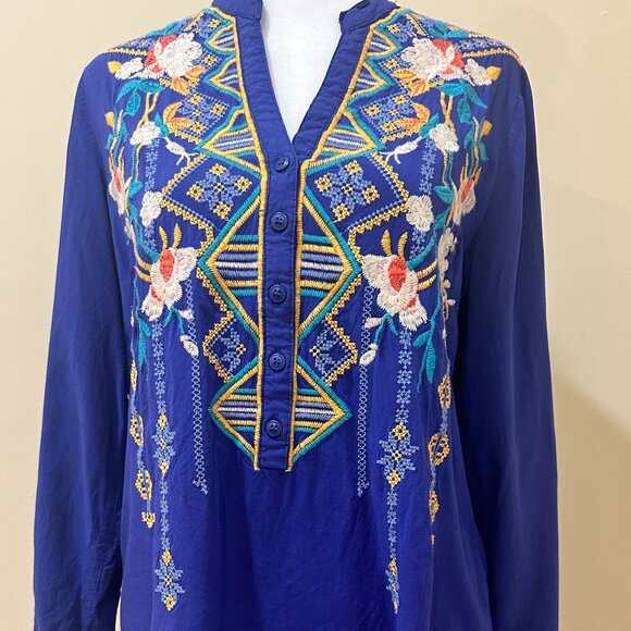 ANTHROPOLOGIE LUNA MOON Floral Embroidered Boho Tunic Royal Blue Sz S - Picture 13 of 14